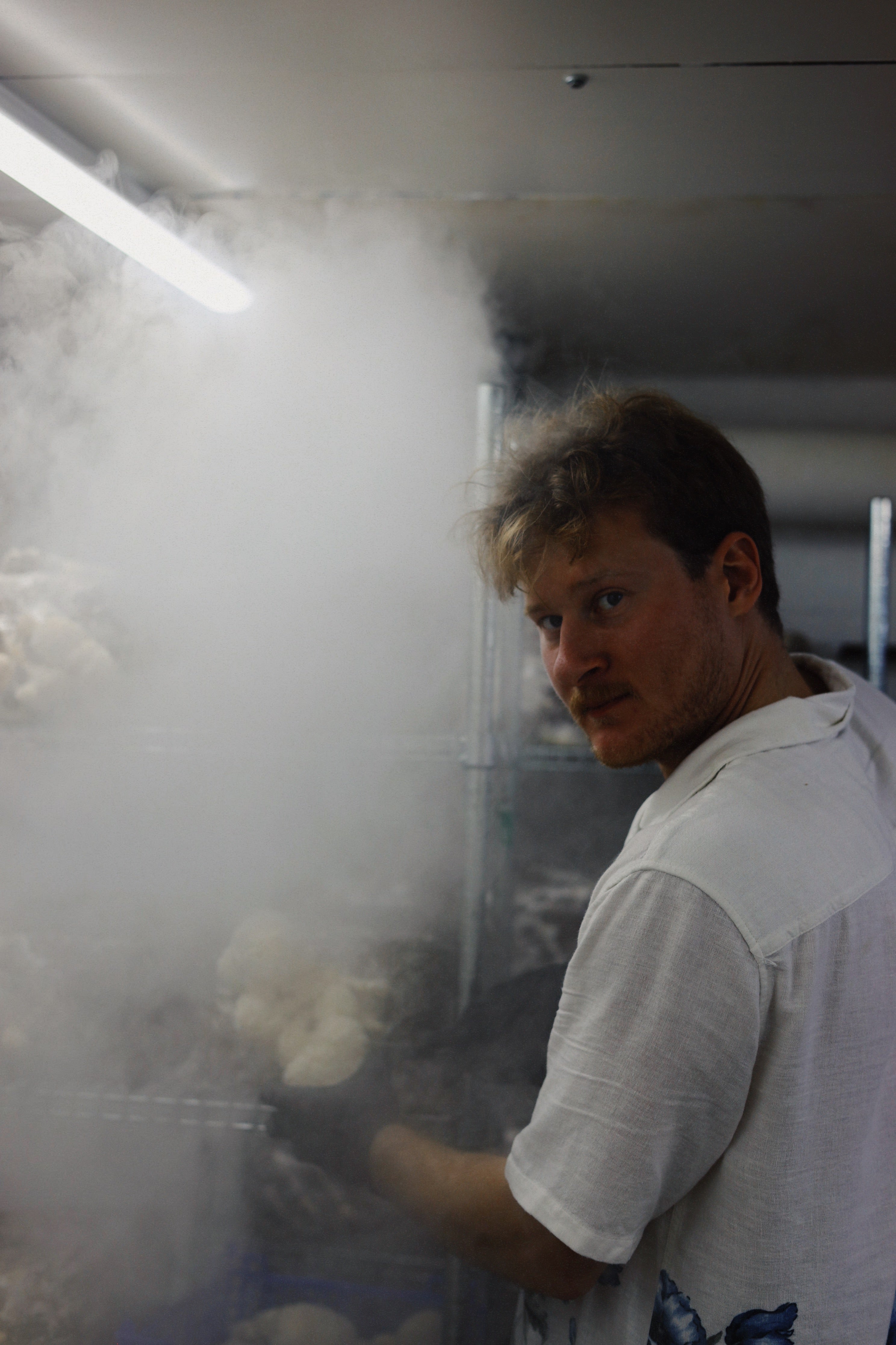 Person in a white shirt standing in a smoky mushroom lab